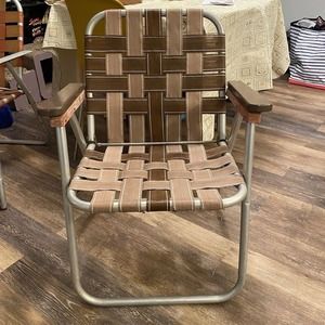 Vintage 1970s Aluminum Folding Webbed Lawn Chair Brown and Tan